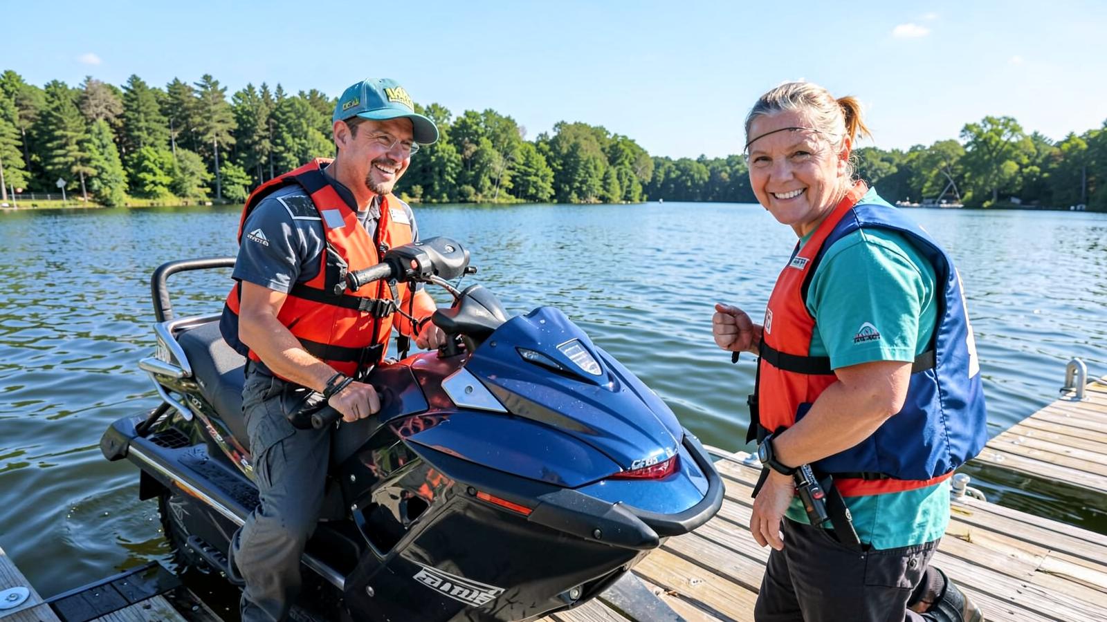 First-time rider on a jet ski in calm lake water