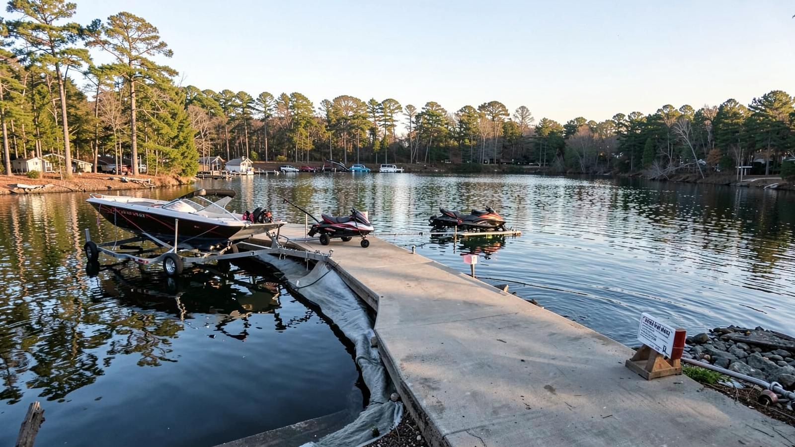A concrete public boat ramp on a North Carolina lake with trailers and a personal watercraft