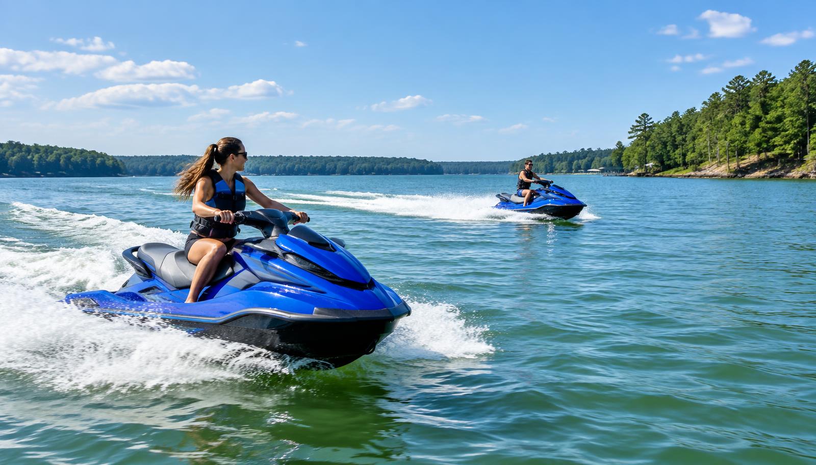 Two jet ski riders crossing open water on a sunny North Carolina lake
