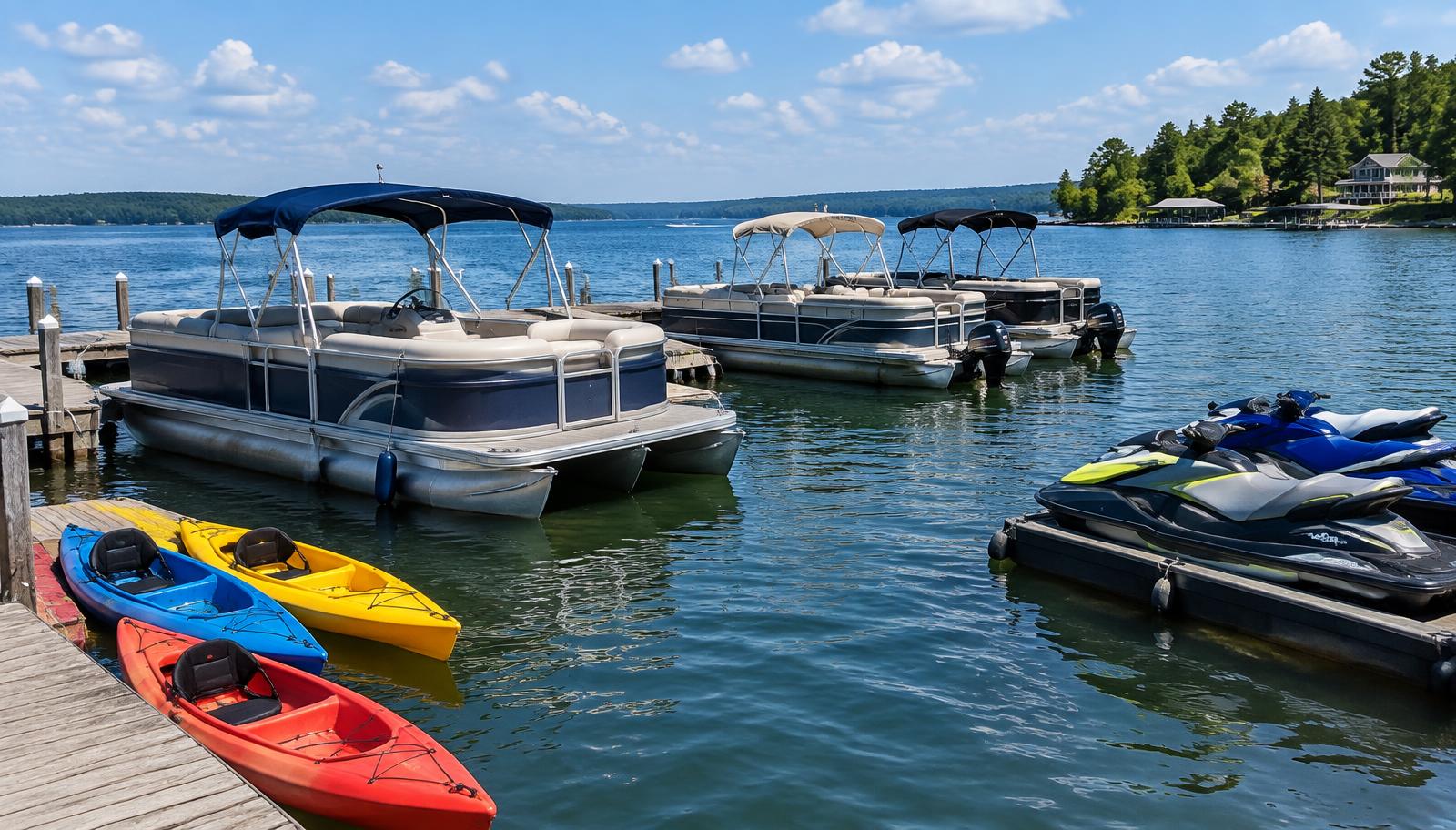 Pontoon boats, kayaks and jet skis tied up at docks on a wide lake in summer