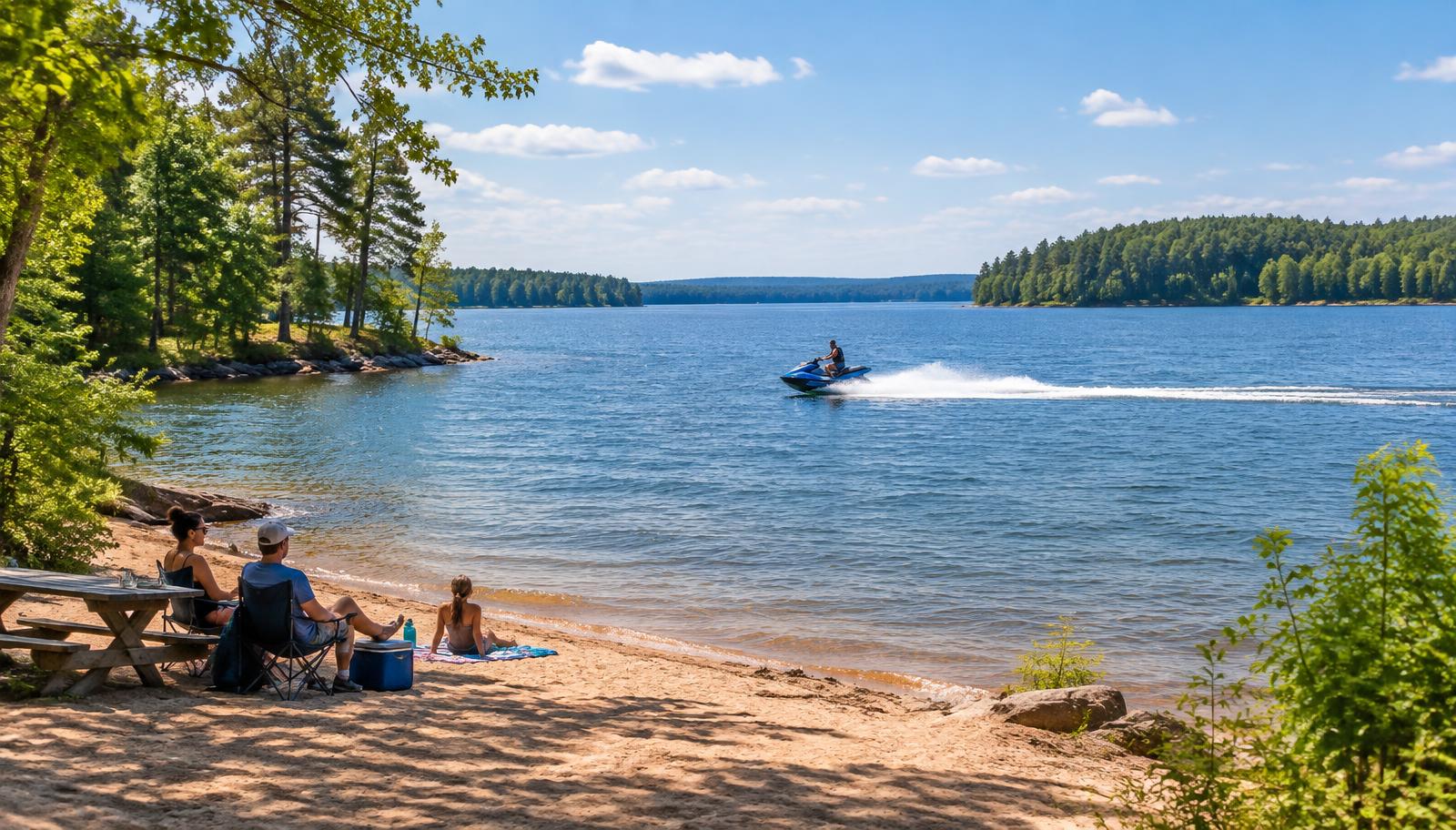 Visitors relaxing on a sandy Jordan Lake shoreline as a jet ski crosses the water