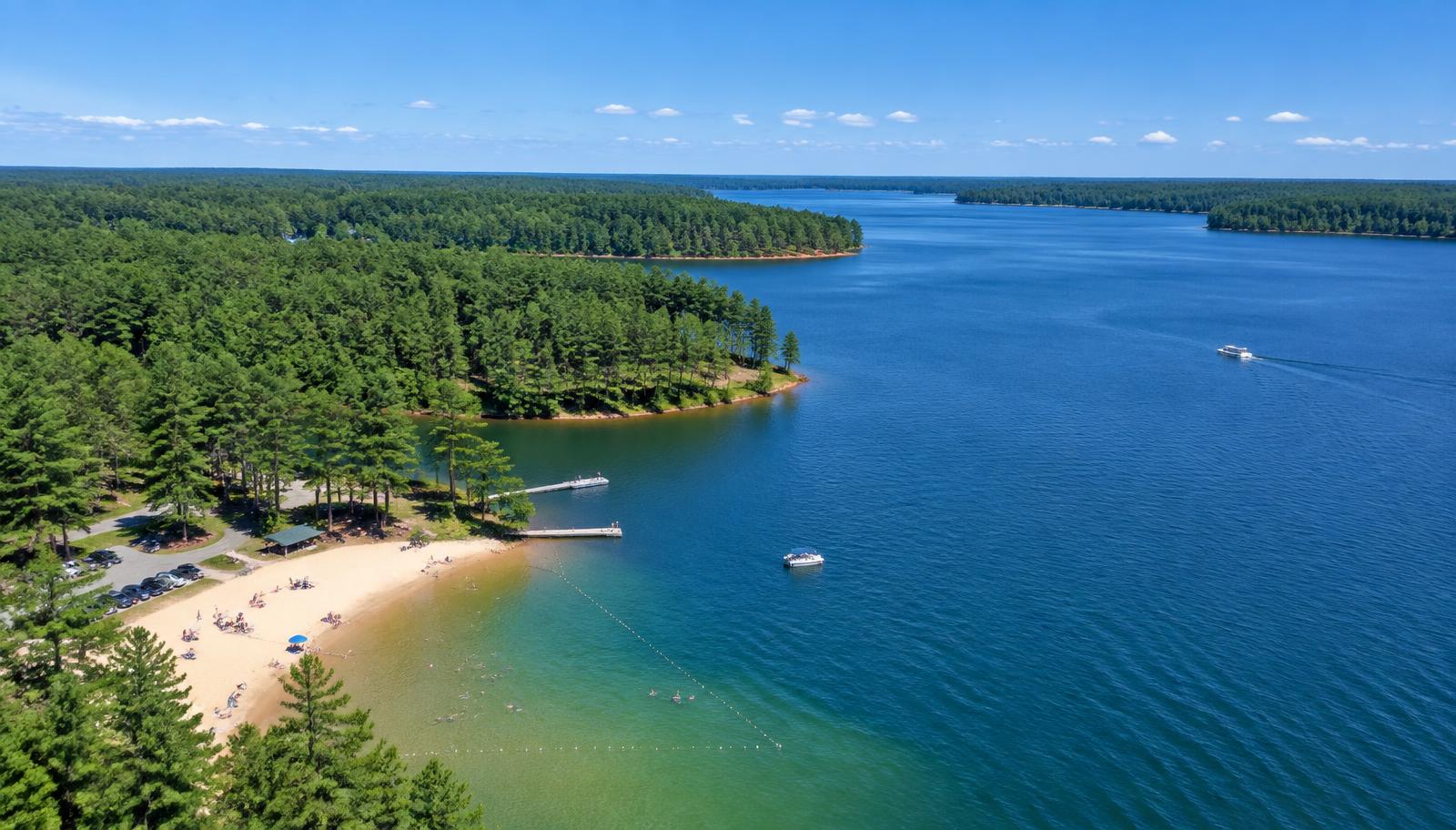 Aerial view of a sandy swimming beach and pine shoreline at Jordan Lake, North Carolina