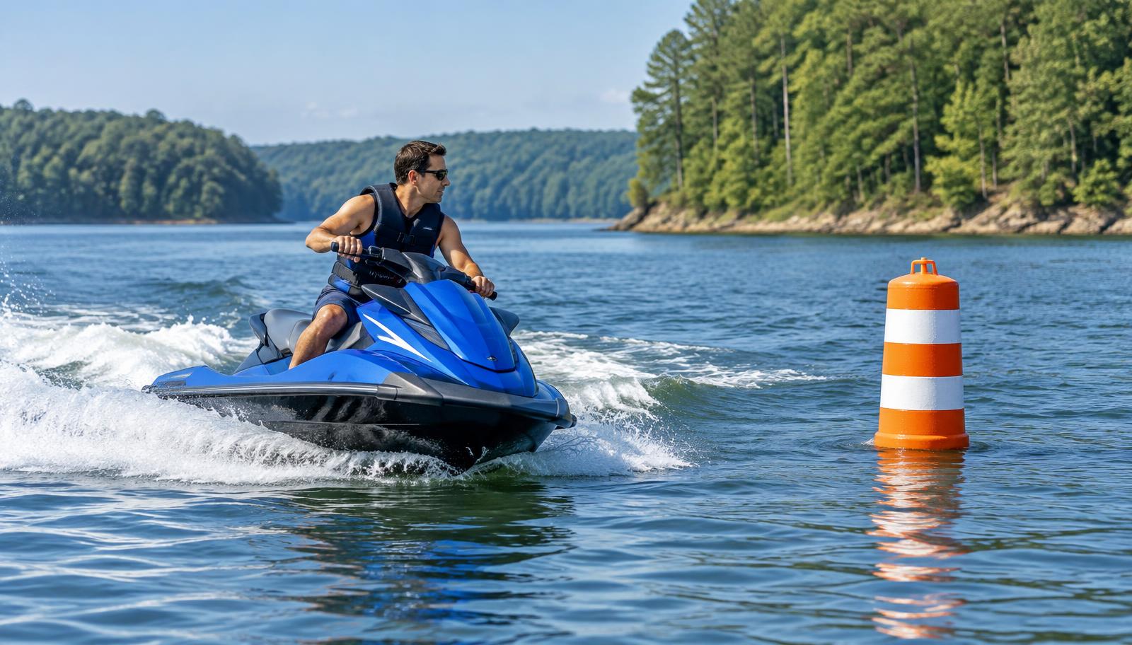 Responsible jet ski rider reducing speed near a marked buoy