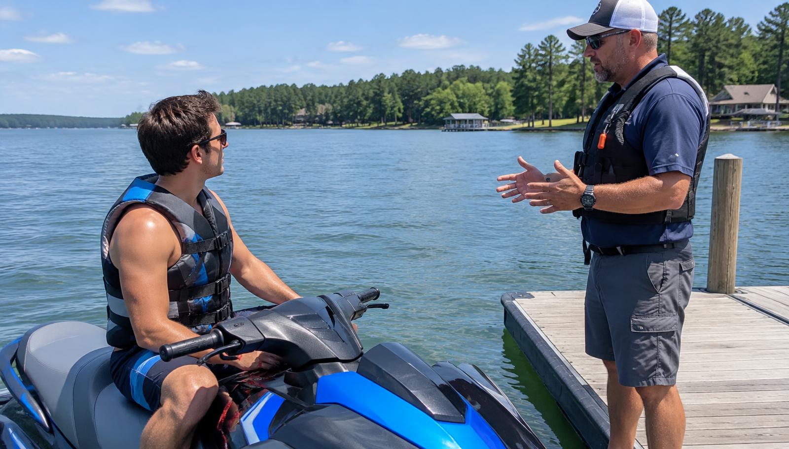 A rider on a jet ski receiving a safety briefing from an operator on a lake dock