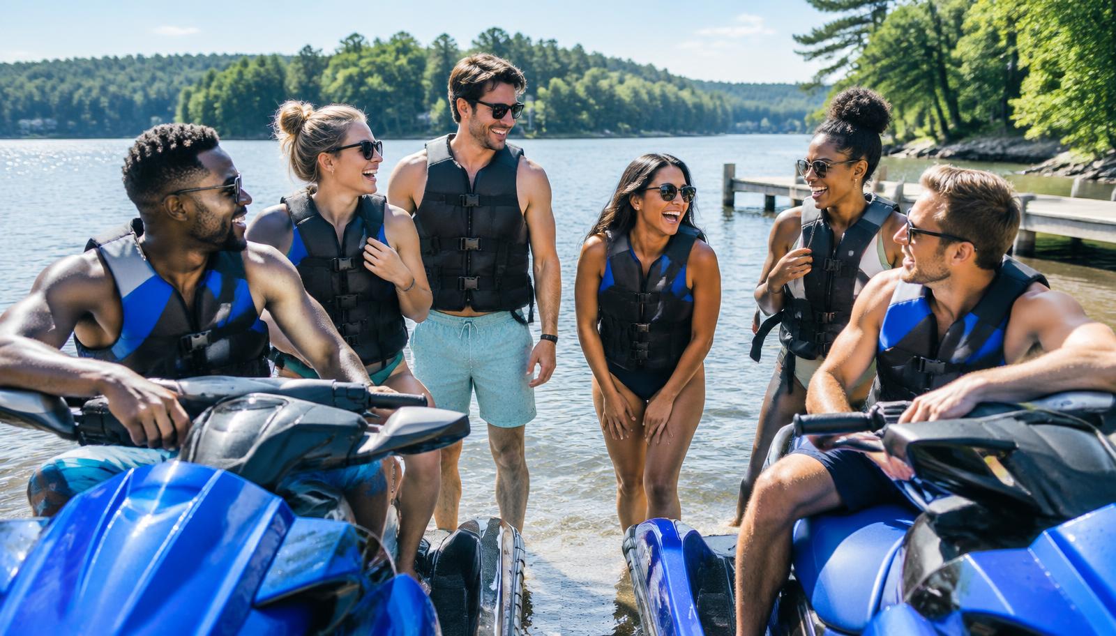 Friends wearing life jackets gather beside jet skis for a group lake outing
